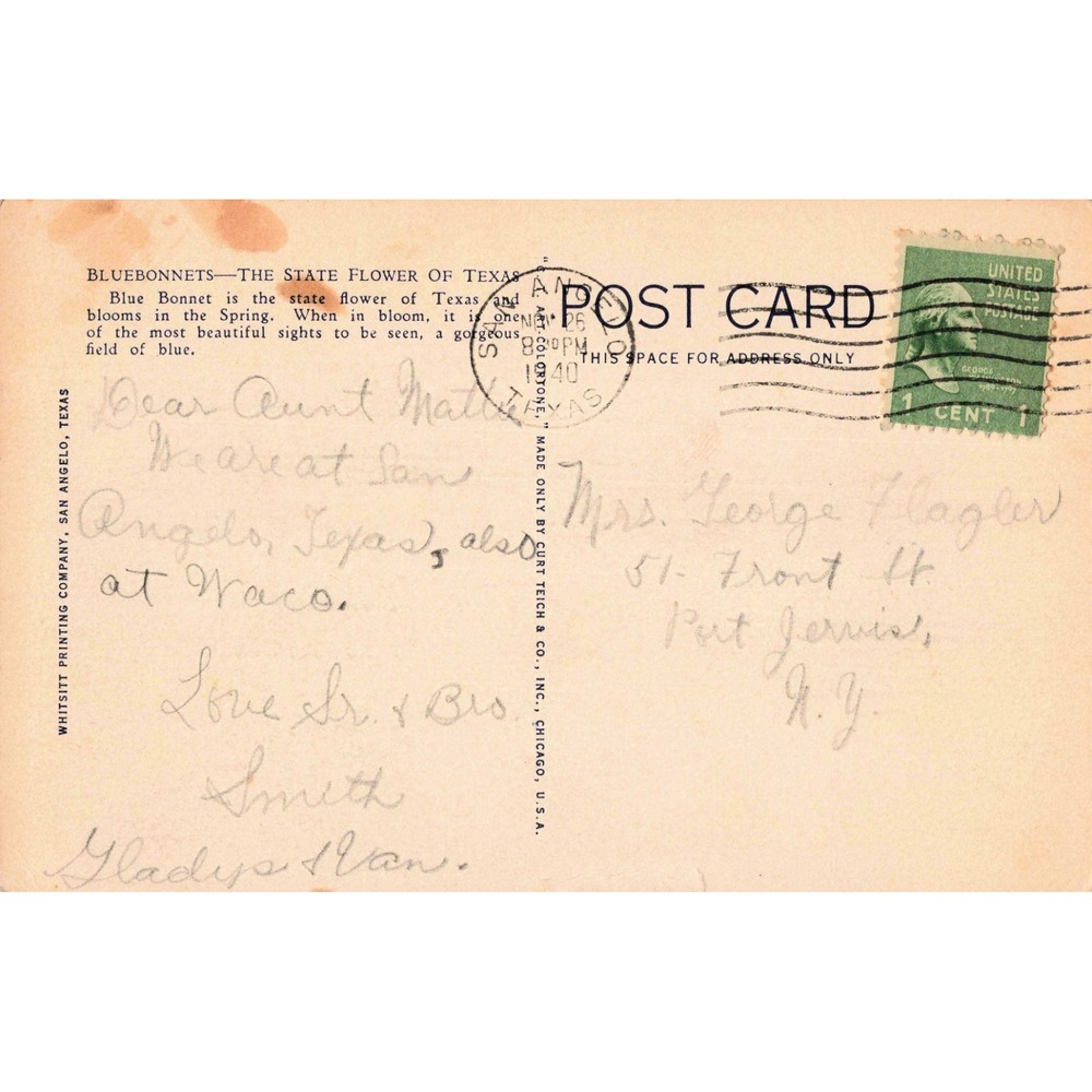 Vintage Bluebonnets Texas State Flower Linen Postcard 1940 San Angelo Whitsitt - Picture 2 of 2